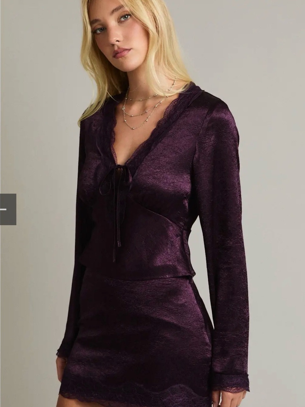 NWT Plum Satin Lace-Trim Skirt Set - Women Small